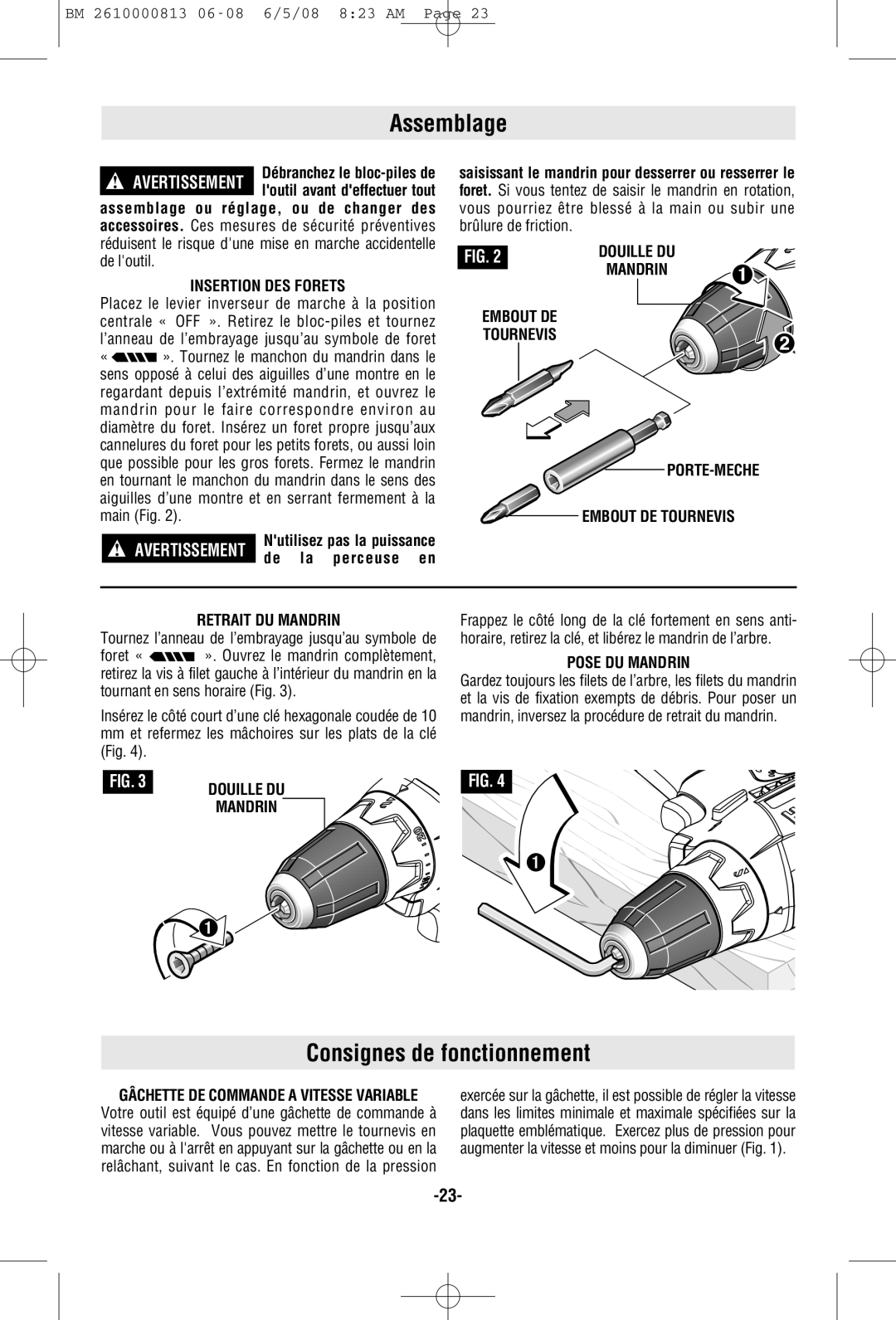 Bosch Power Tools PS30 manual Assemblage, Consignes de fonctionnement 