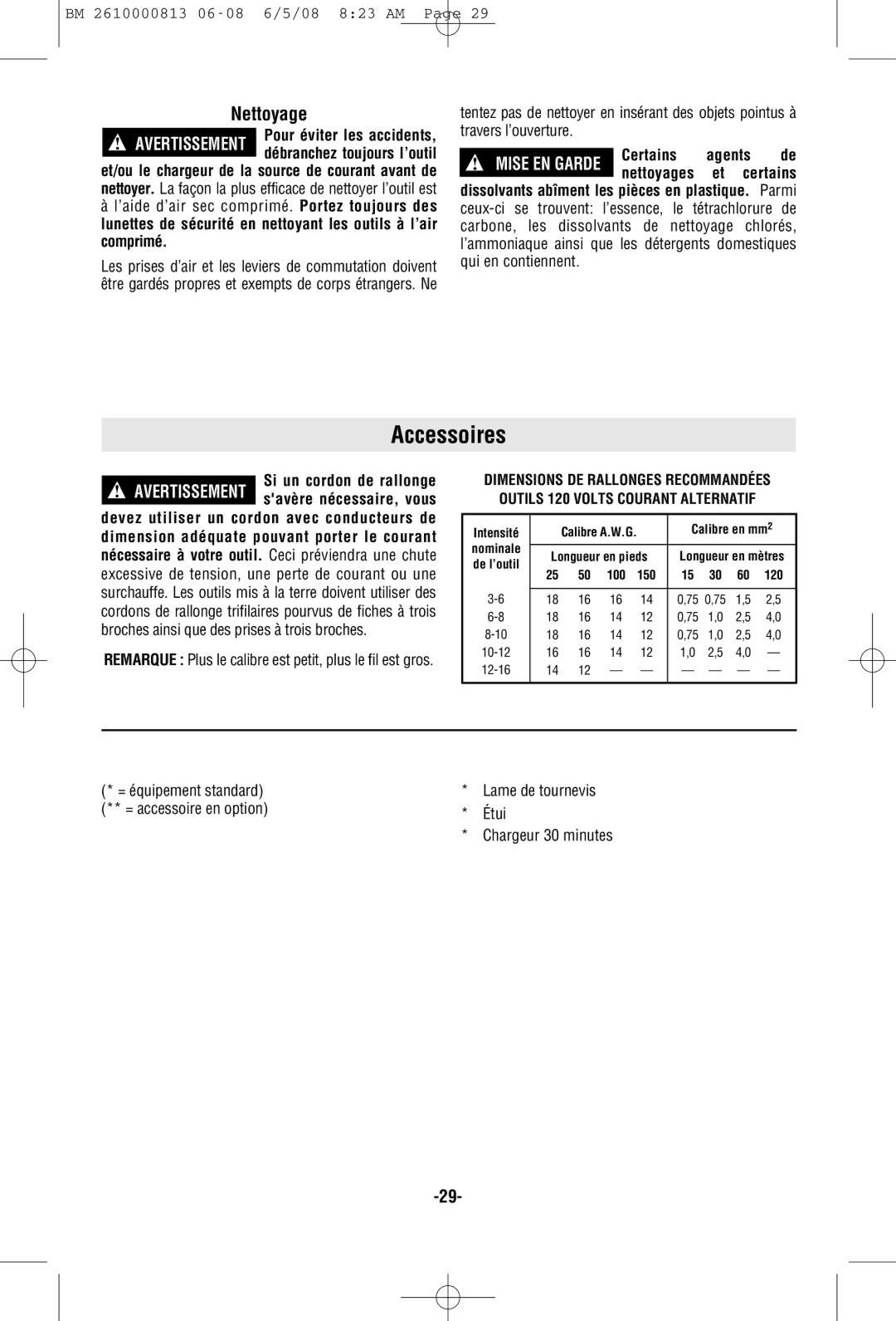 Bosch Power Tools PS30 manual Accessoires, Nettoyage, Certains Agents, Et certains 