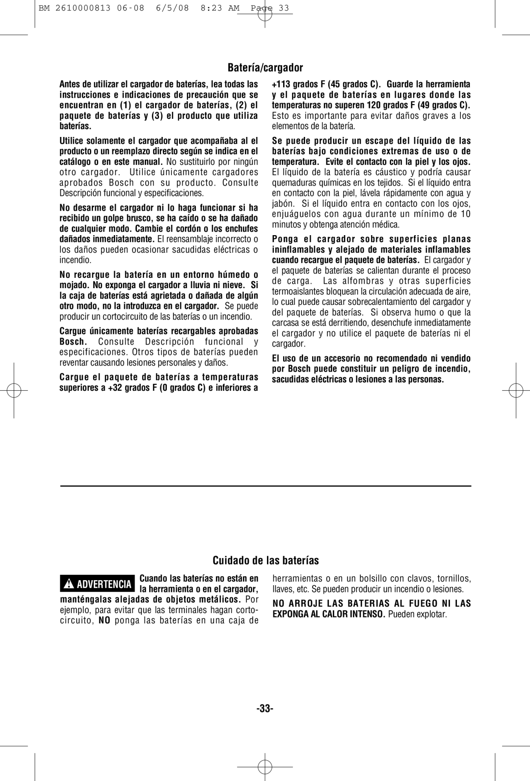 Bosch Power Tools PS30 manual Batería/cargador, Cuidado de las baterías 