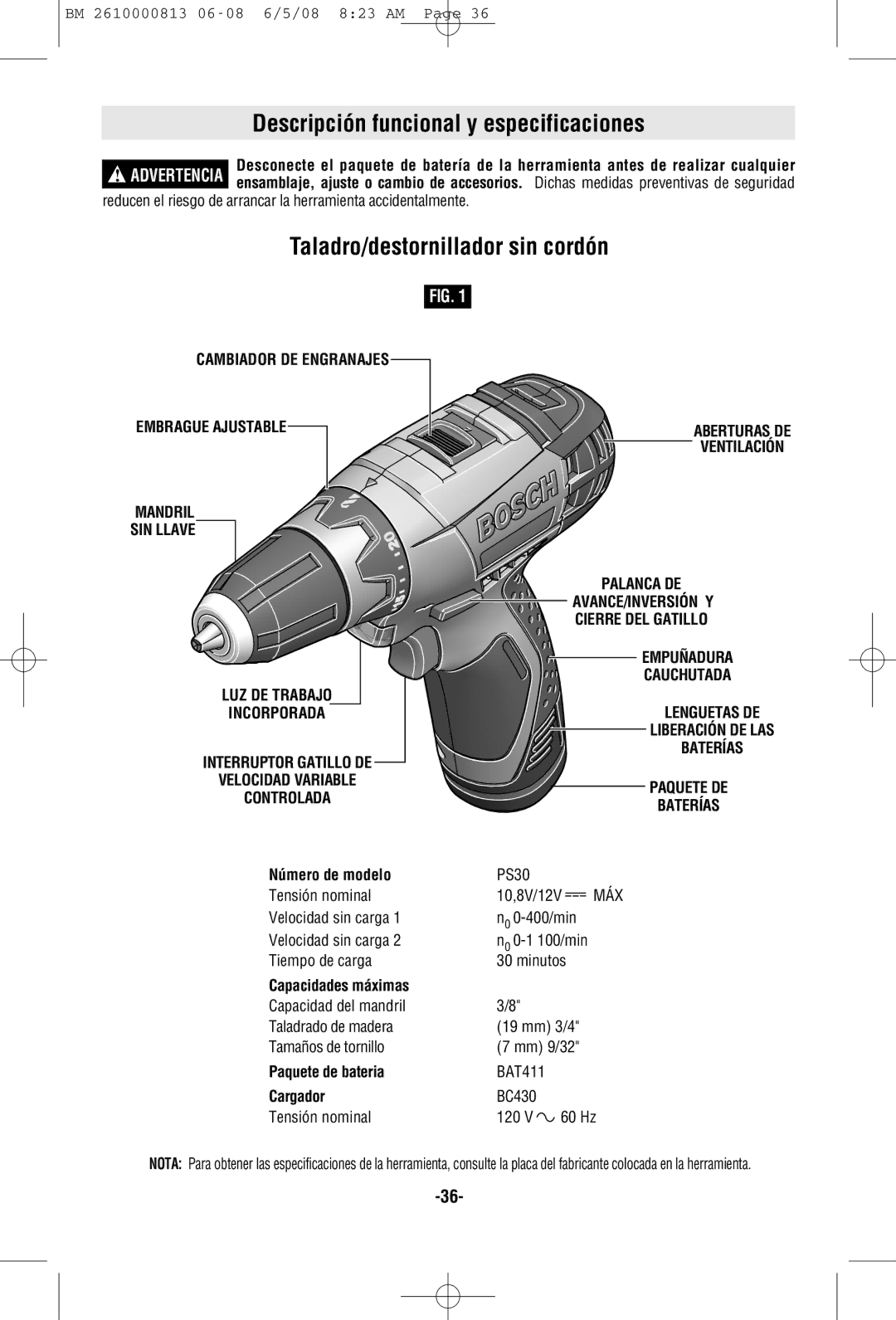 Bosch Power Tools PS30 manual LUZ DE Trabajo, Incorporada 