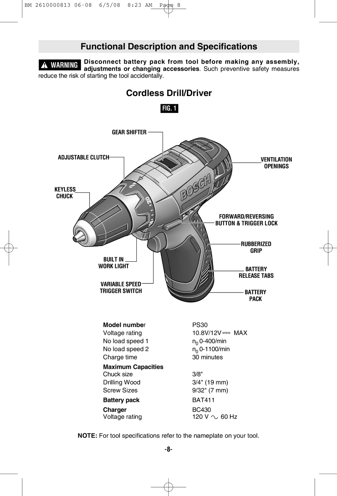 Bosch Power Tools PS30 manual Variable Speed Trigger Switch, Model numbe r, Maximum Capacities, Battery pack, Charger 