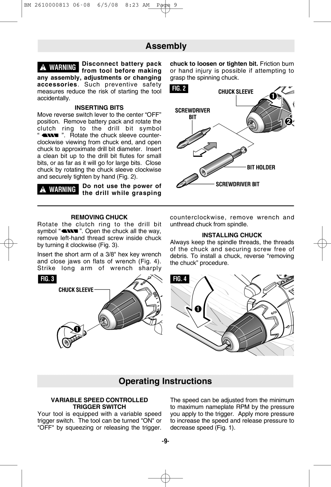 Bosch Power Tools PS30 manual Assembly, Operating Instructions 