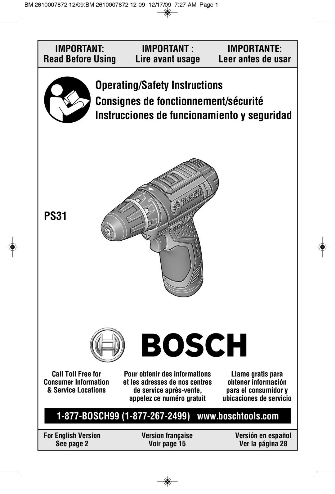 Bosch Power Tools PS31-2ALPB, PS31-2AL1A, PS31BN manual Read Before Using, Leer antes de usar, See, Ver la página 