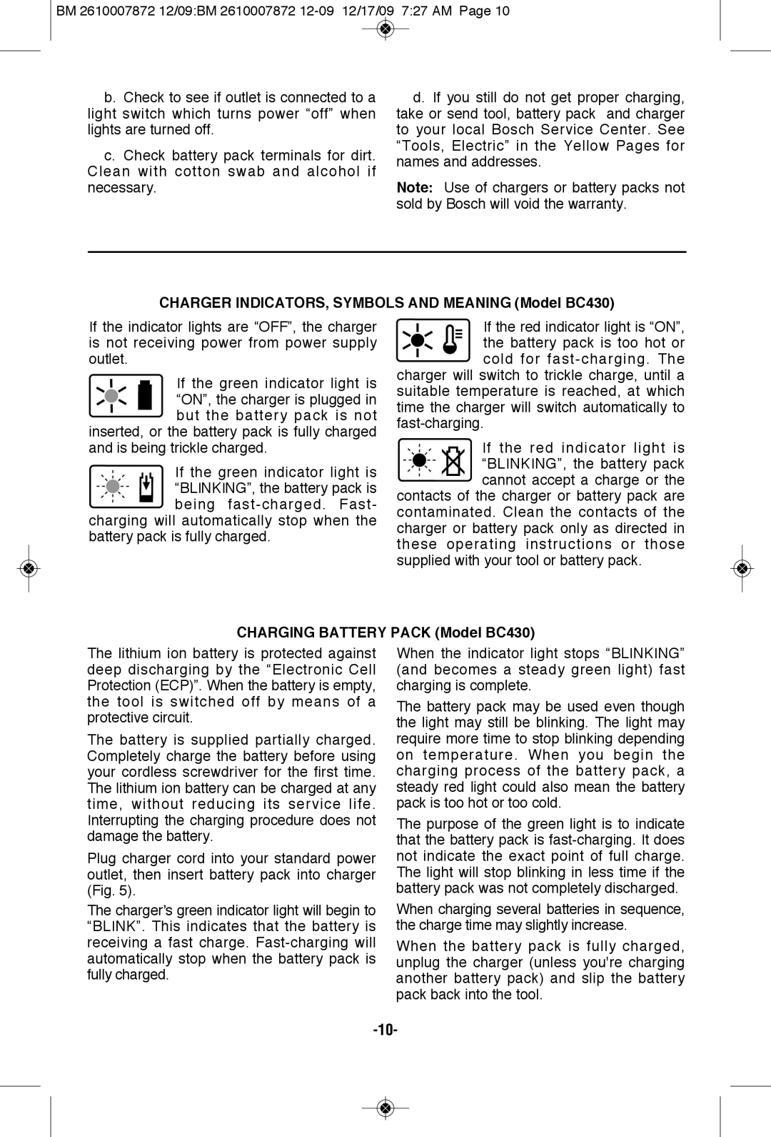 Bosch Power Tools PS31BN, PS31-2A Charger INDICATORS, Symbols and Meaning Model BC430, Charging Battery Pack Model BC430 
