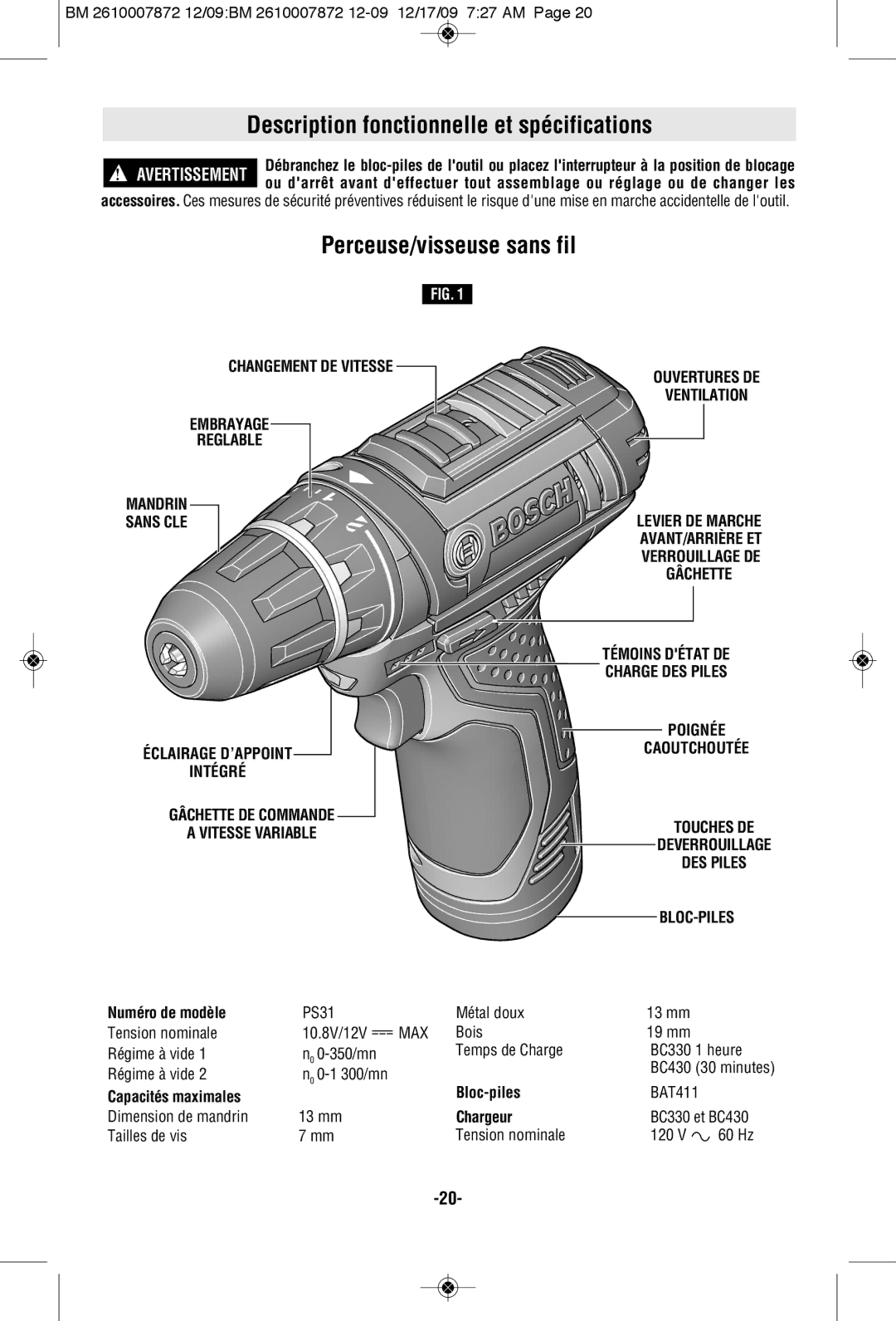 Bosch Power Tools PS31-2AL1A, PS31-2ALPB, PS31BN Description fonctionnelle et spécifications, Perceuse/visseuse sans fil 