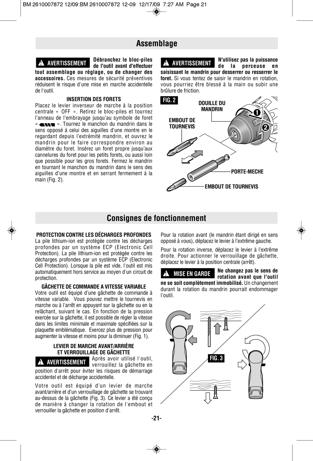 Bosch Power Tools PS31-2AL Assemblage, Consignes de fonctionnement, Insertion DES Forets, Embout DE Tournevis PORTE-MECHE 