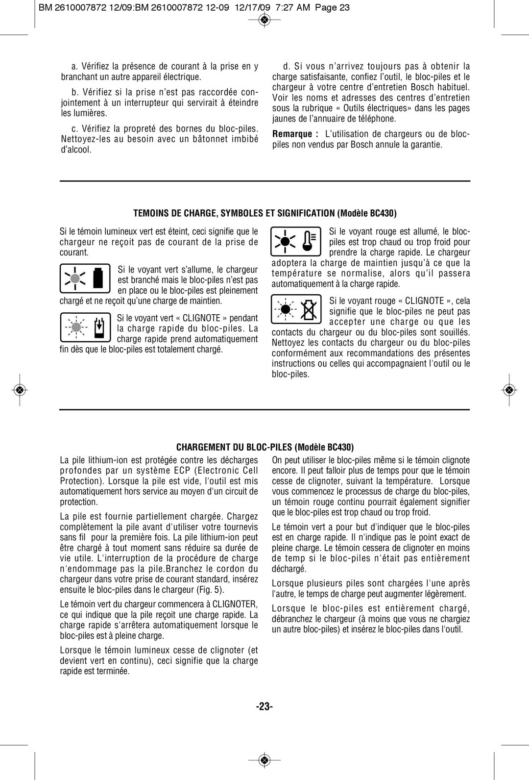 Bosch Power Tools PS31B Temoins DE CHARGE, Symboles ET Signification Modèle BC430, Chargement DU BLOC-PILES Modèle BC430 