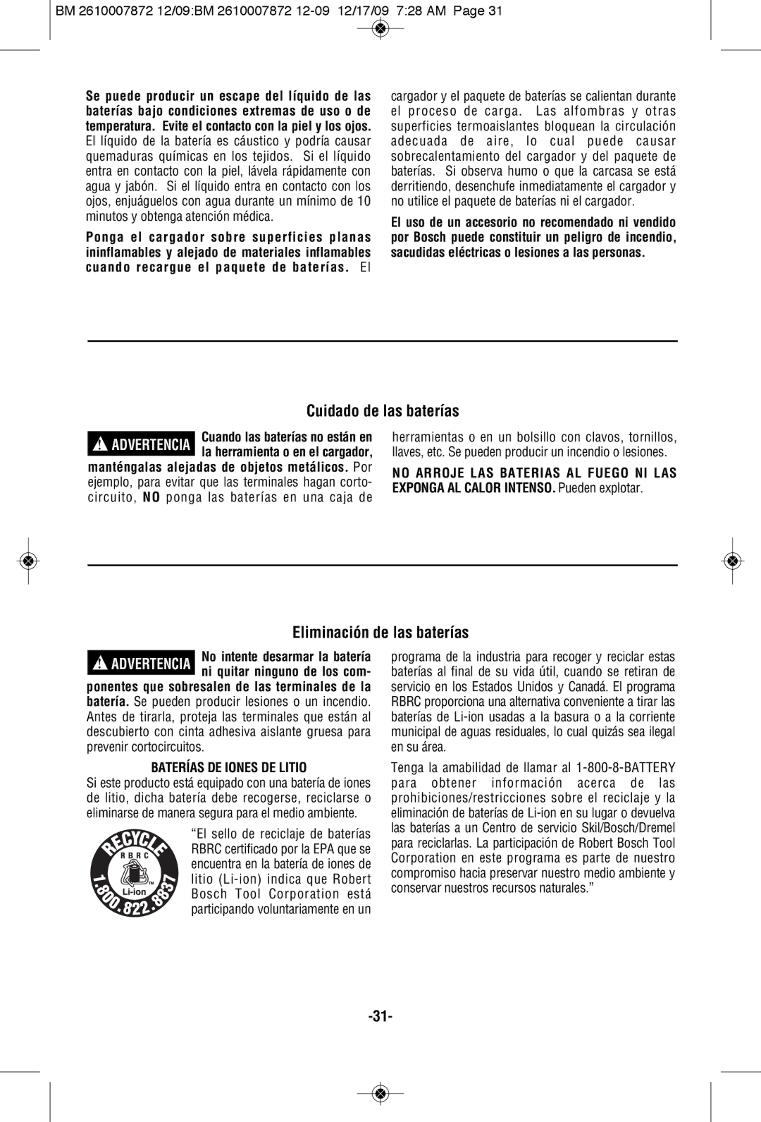 Bosch Power Tools PS31-2ALPB, PS31-2AL1A Cuidado de las baterías, Eliminación de las baterías, Baterías DE Iones DE Litio 