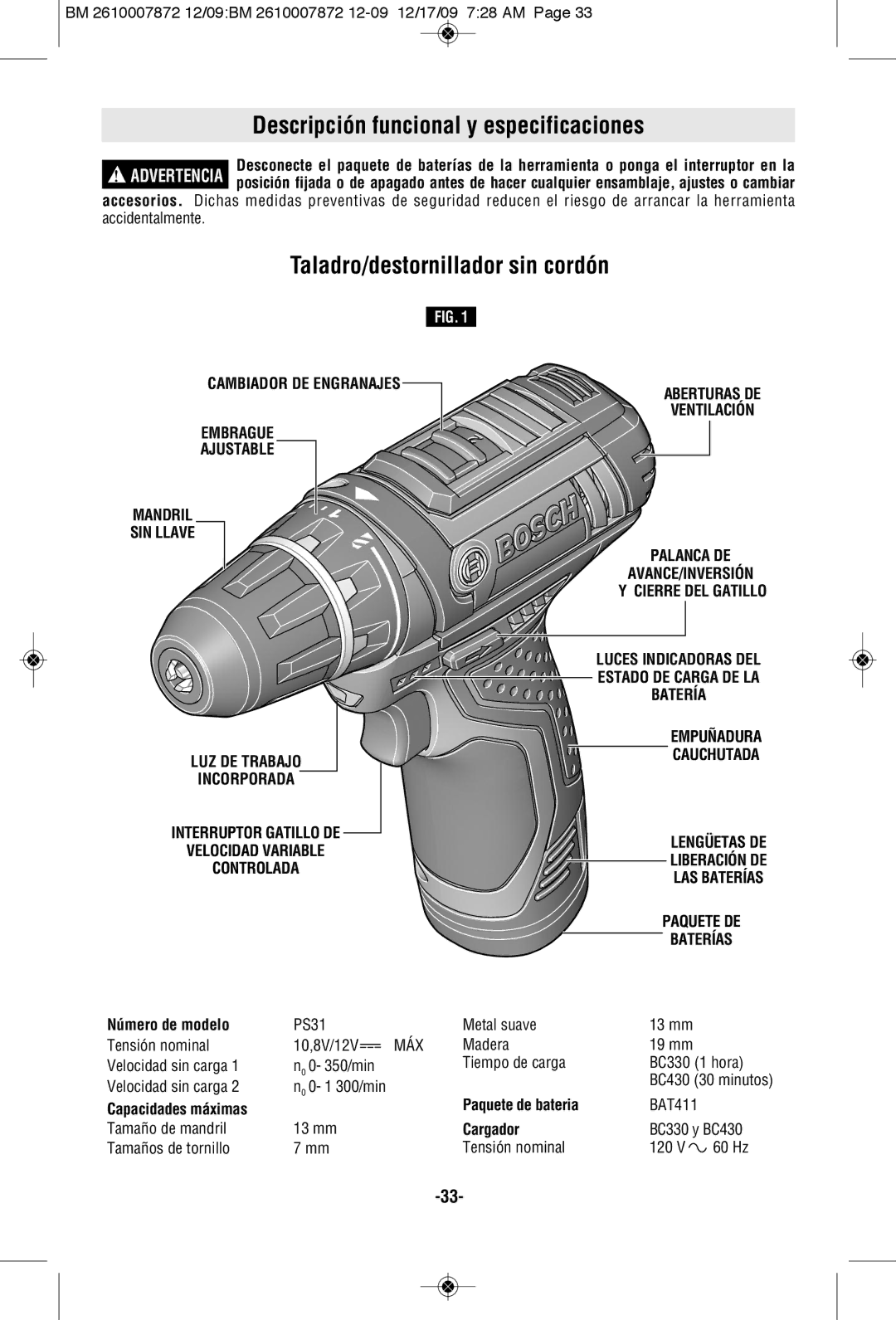 Bosch Power Tools PS31-2AL1A, PS31-2ALPB Descripción funcional y especificaciones, Taladro/destornillador sin cordón 