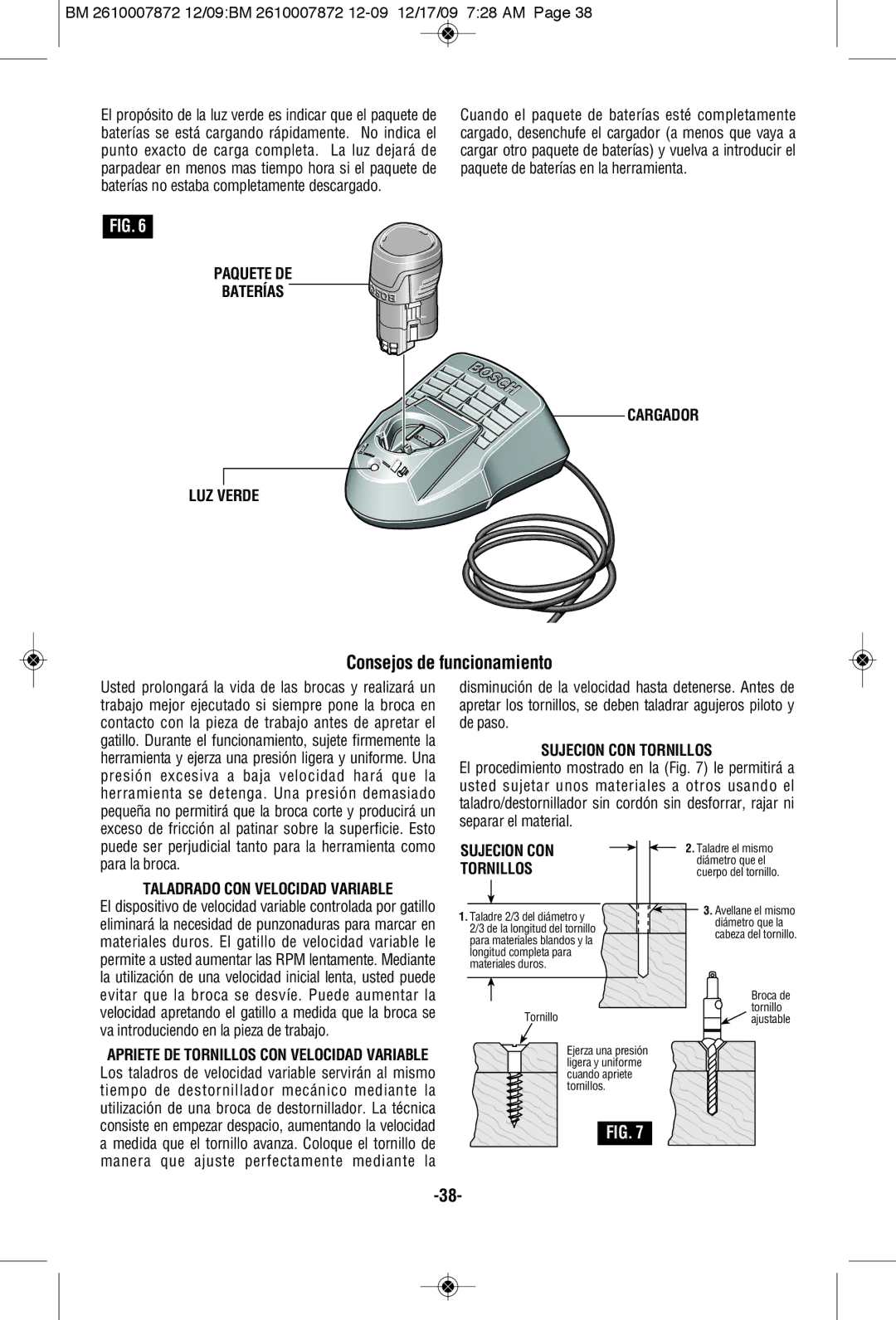 Bosch Power Tools PS31-2A manual Consejos de funcionamiento, Paquete DE Baterías Cargador LUZ Verde, Sujecion CON Tornillos 