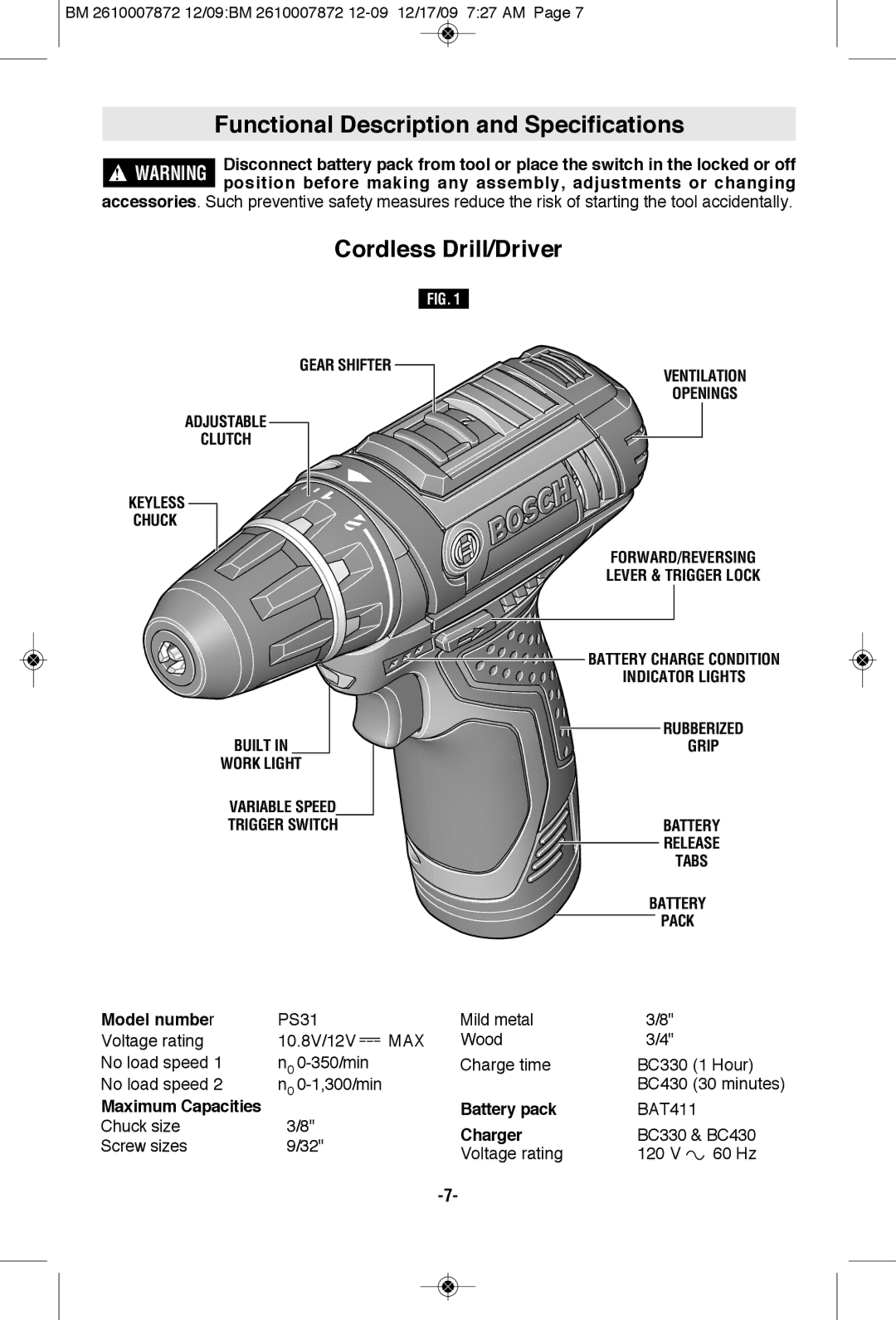 Bosch Power Tools PS31-2ALPB Functional Description and Specifications, Cordless Drill/Driver, Model numbe r, Charger 