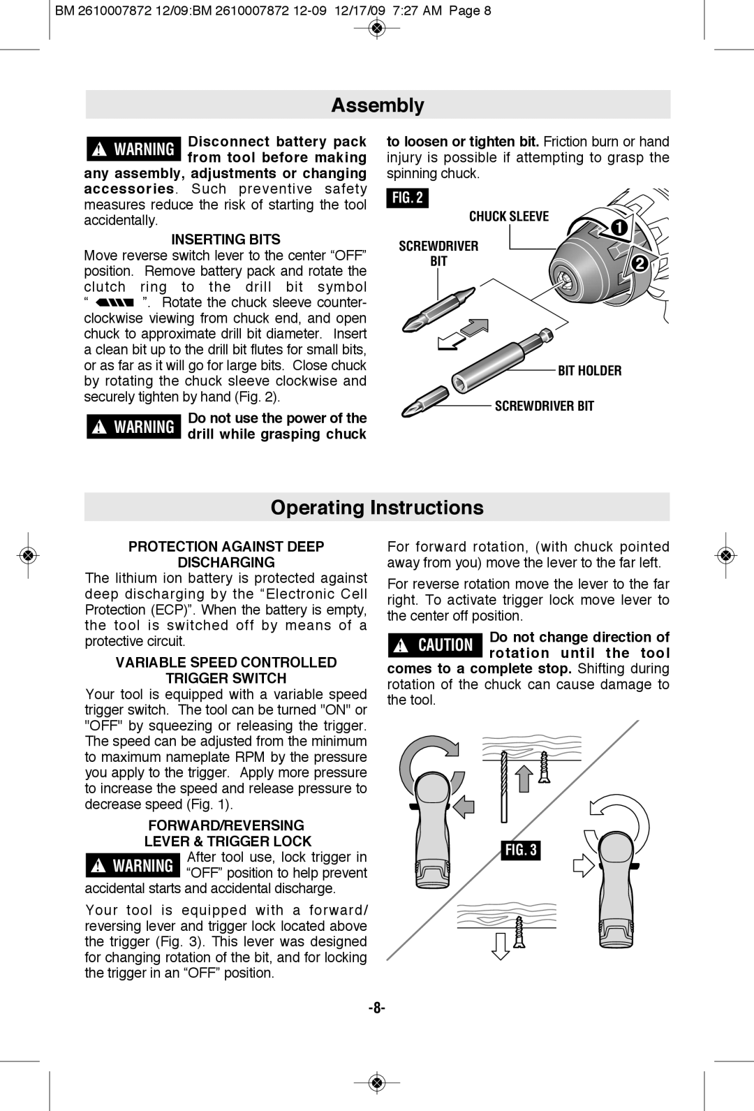 Bosch Power Tools PS31-2AL1A, PS31-2ALPB, PS31BN manual Assembly, Operating Instructions 