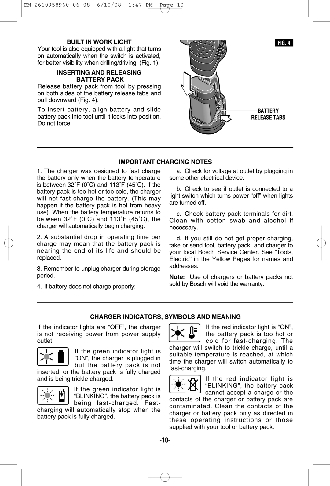 Bosch Power Tools PS40B Built in Work Light, Inserting and Releasing Battery Pack, Charger INDICATORS, Symbols and Meaning 