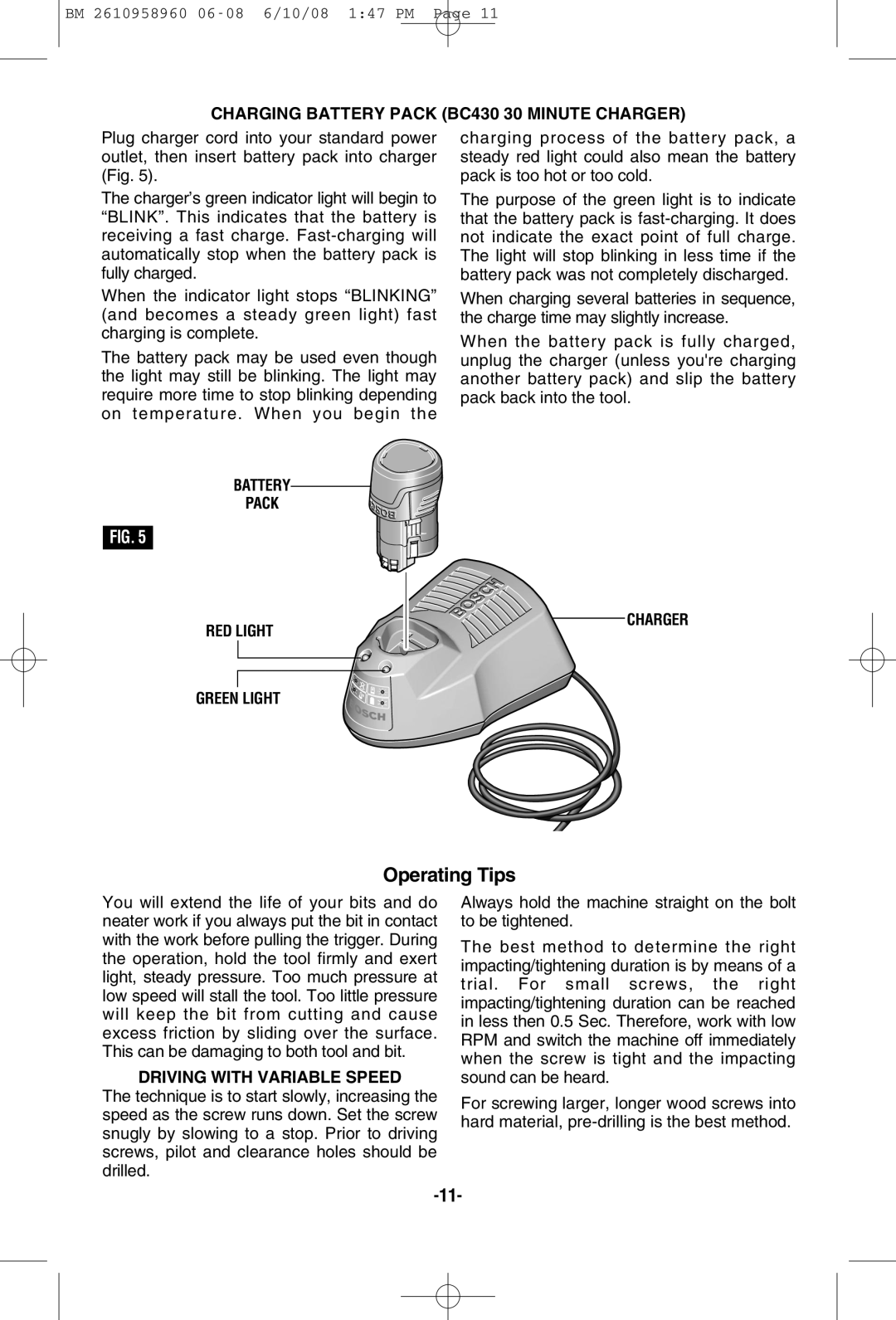 Bosch Power Tools PS40-2, PS40B Operating Tips, Charging Battery Pack BC430 30 Minute Charger, Driving with Variable Speed 