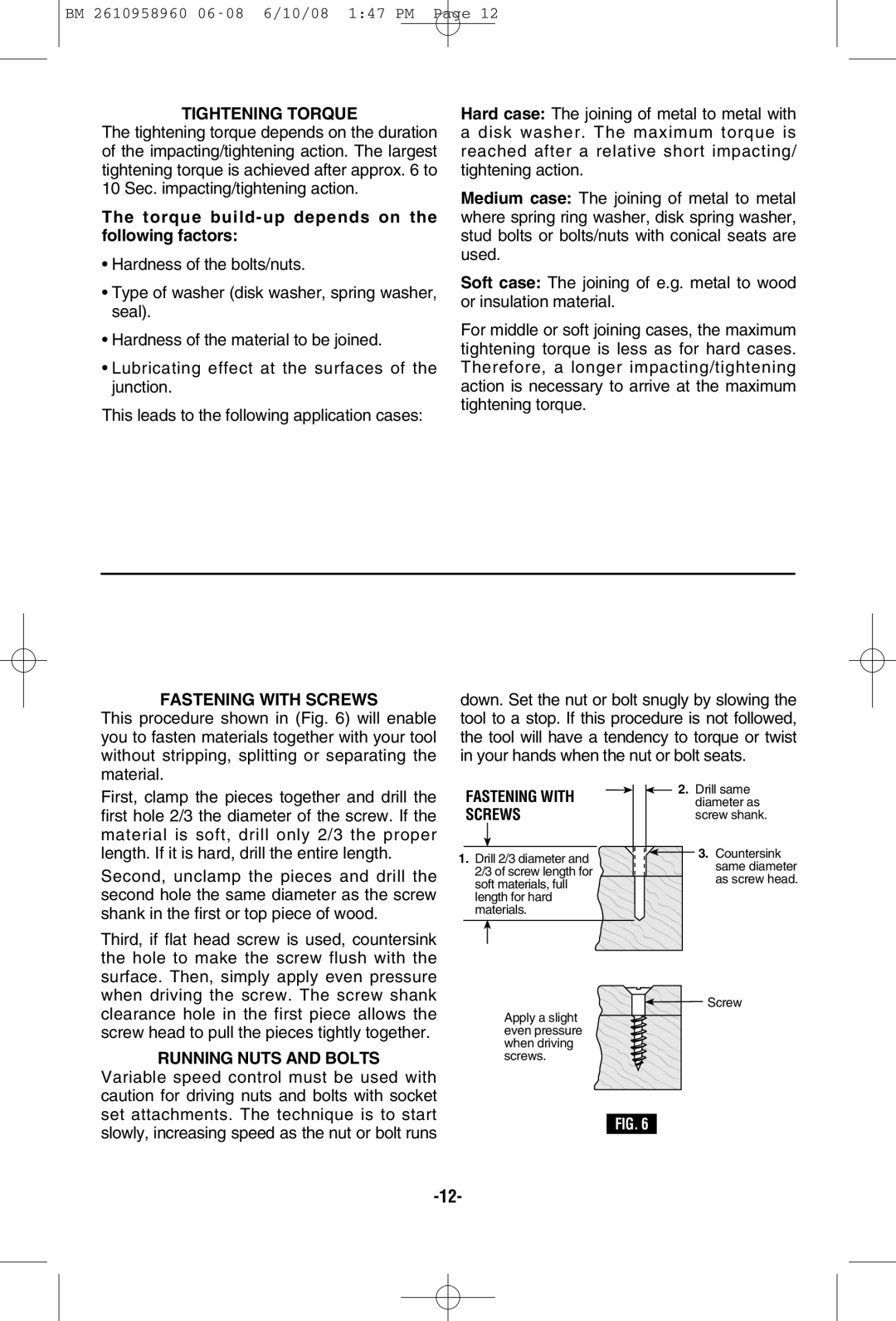 Bosch Power Tools PS40-2A manual Tightening Torque, Torque build-up depends on the following factors, Fastening with Screws 