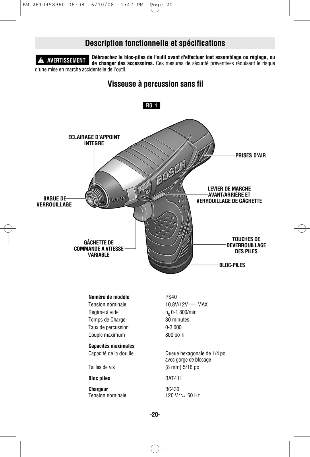 Bosch Power Tools PS40-2A manual Description fonctionnelle et spécifications, Visseuse à percussion sans fil, Bloc-Piles 