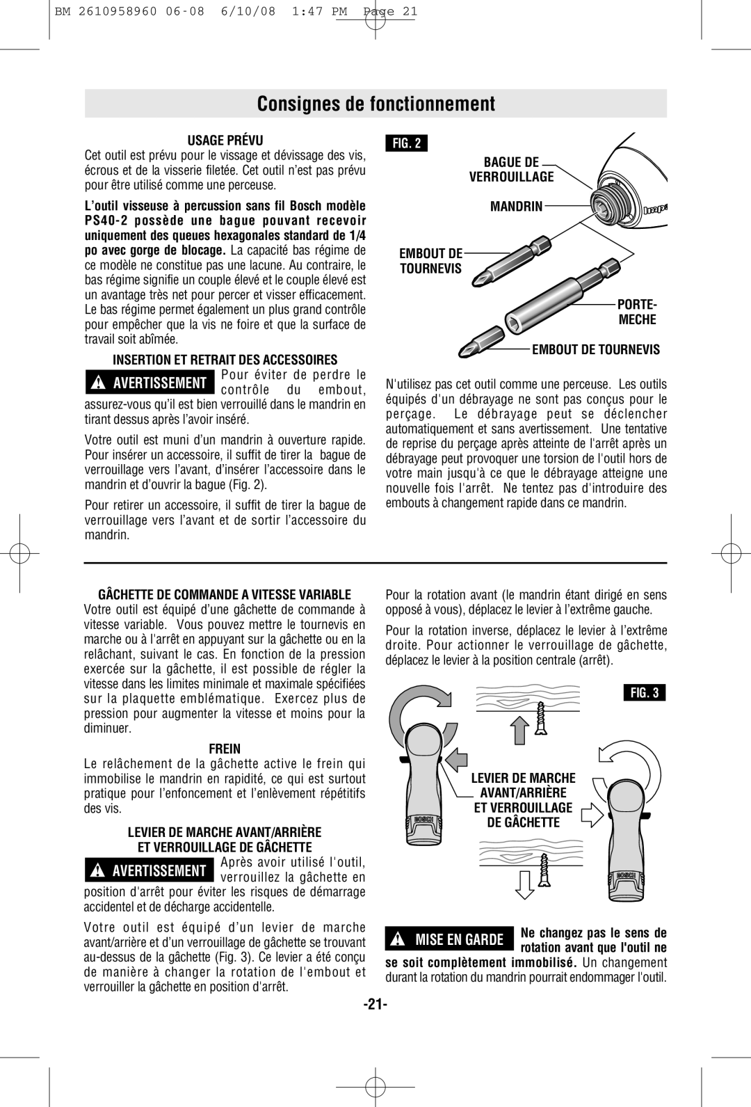 Bosch Power Tools PS40-2A, PS40B manual Consignes de fonctionnement 