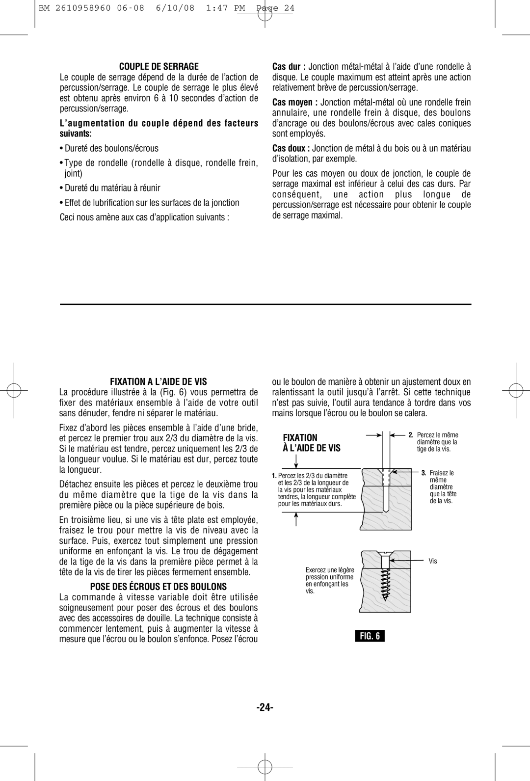 Bosch Power Tools PS40-2A, PS40B manual Couple DE Serrage, ’augmentation du couple dépend des facteurs suivants 