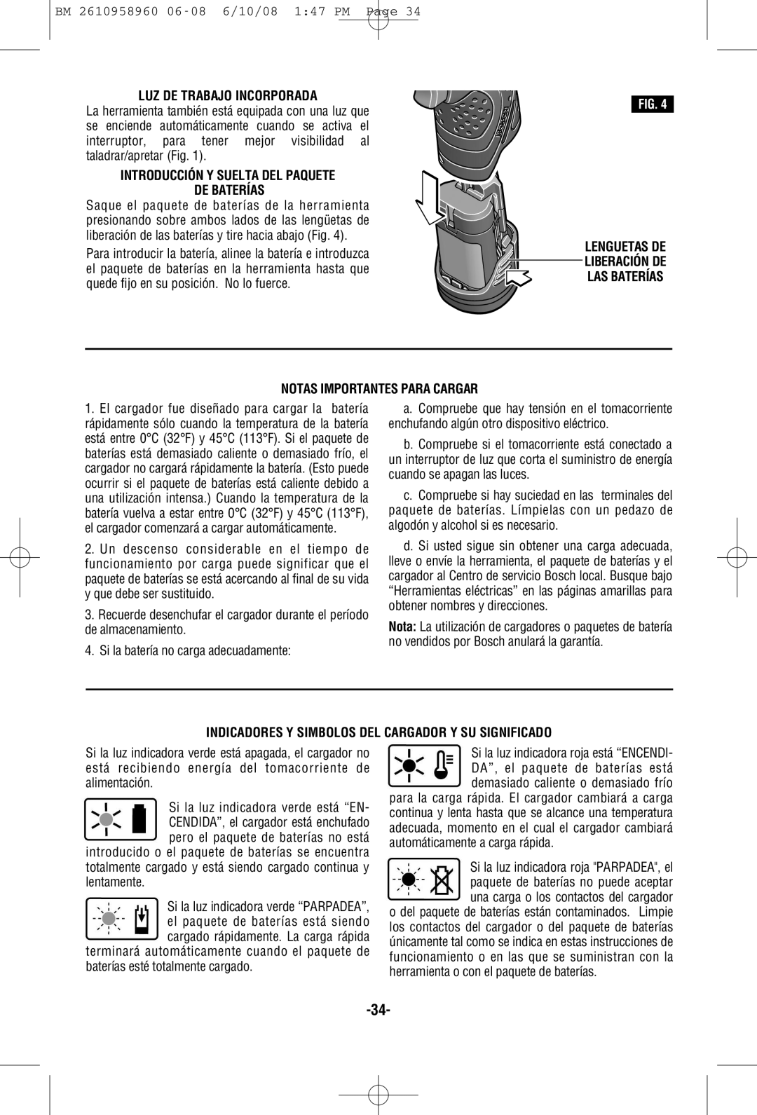 Bosch Power Tools PS40B, PS40-2A manual LUZ DE Trabajo Incorporada, Introducción Y Suelta DEL Paquete DE Baterías 