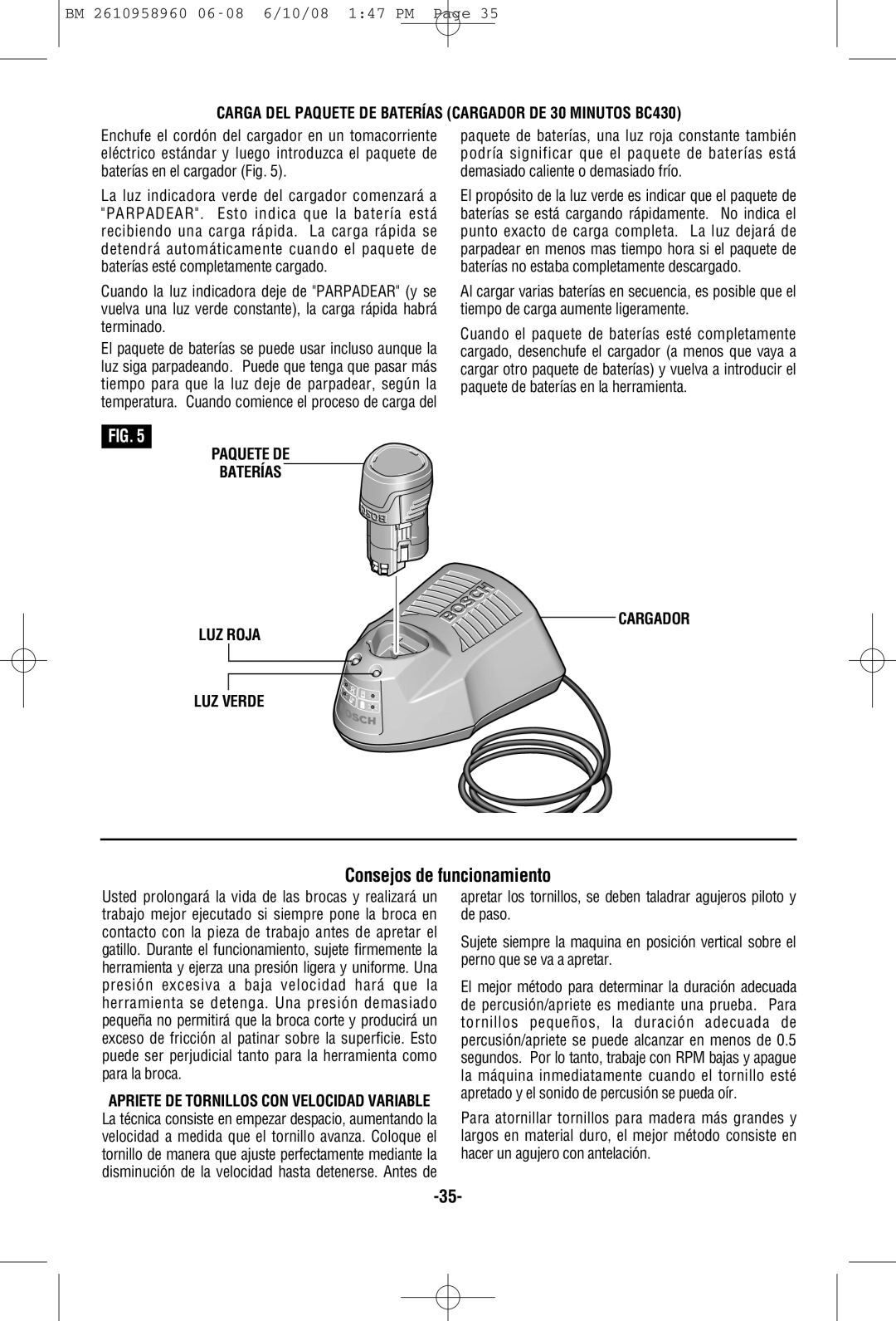 Bosch Power Tools PS40-2A, PS40B Consejos de funcionamiento, Carga DEL Paquete DE Baterías Cargador DE 30 Minutos BC430 