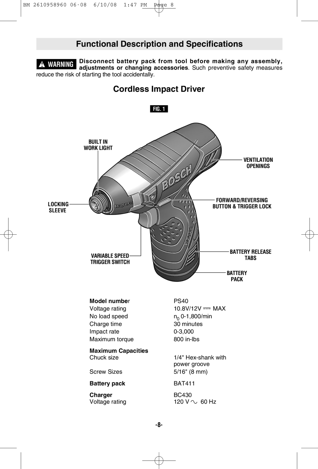 Bosch Power Tools PS40-2A, PS40B manual Functional Description and Specifications, Cordless Impact Driver, Trigger Switch 