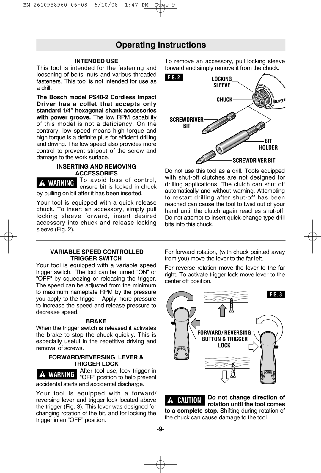 Bosch Power Tools PS40-2A, PS40B manual Operating Instructions 