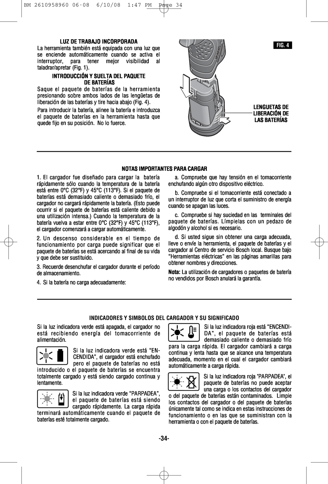 Bosch Power Tools PS40B, PS40-2A manual Luz De Trabajo Incorporada, Introducción Y Suelta Del Paquete De Baterías 