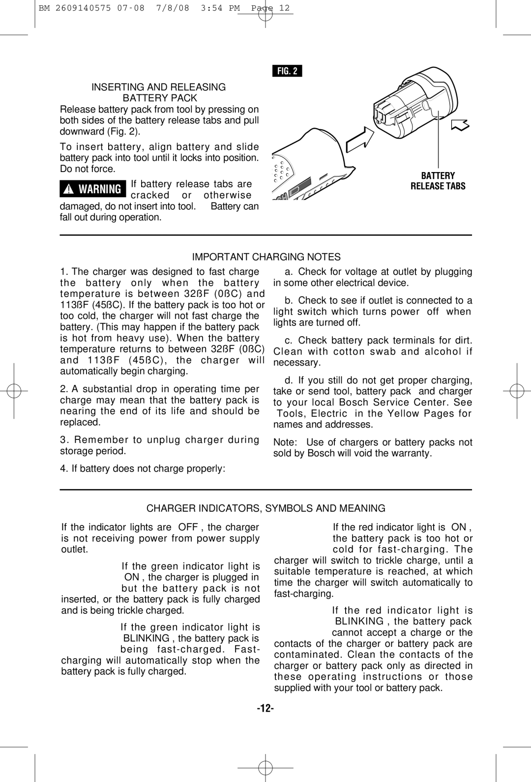 Bosch Power Tools PS50-2A, PS50-2C Inserting and Releasing Battery Pack, Battery Release Tabs Important Charging Notes 