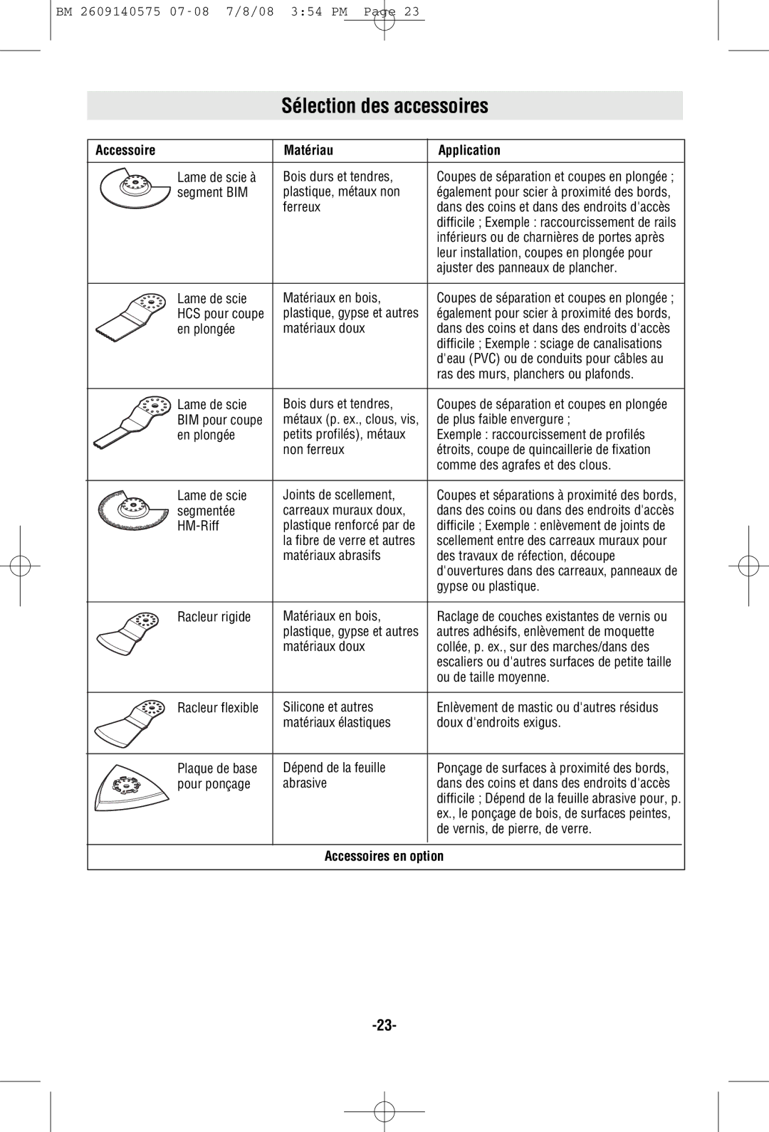 Bosch Power Tools PS50BN, PS50-2C manual Sélection des accessoires, Accessoire Matériau Application, Accessoires en option 