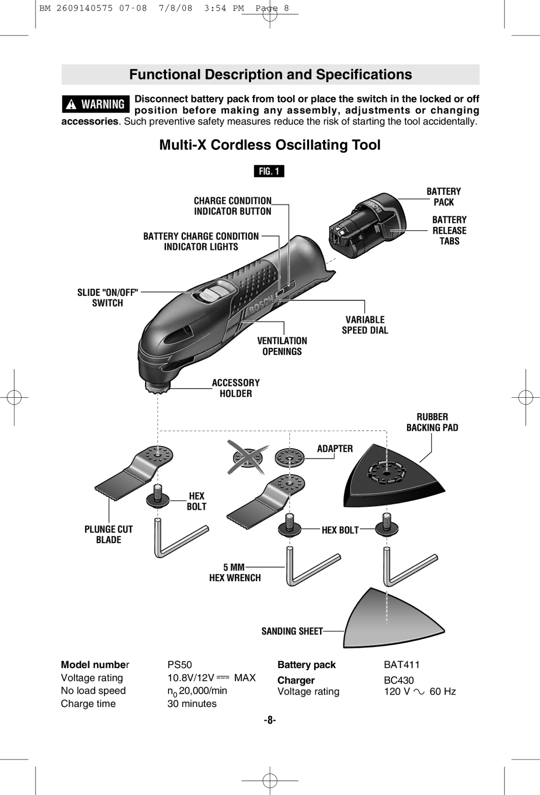 Bosch Power Tools PS50-2C Functional Description and Specifications, Multi-X Cordless Oscillating Tool, Charge Condition 