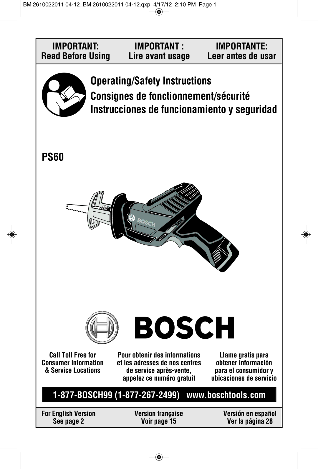 Bosch Power Tools PS60BN, PS60-102 manual Read Before Using, Leer antes de usar, See, Ver la página 