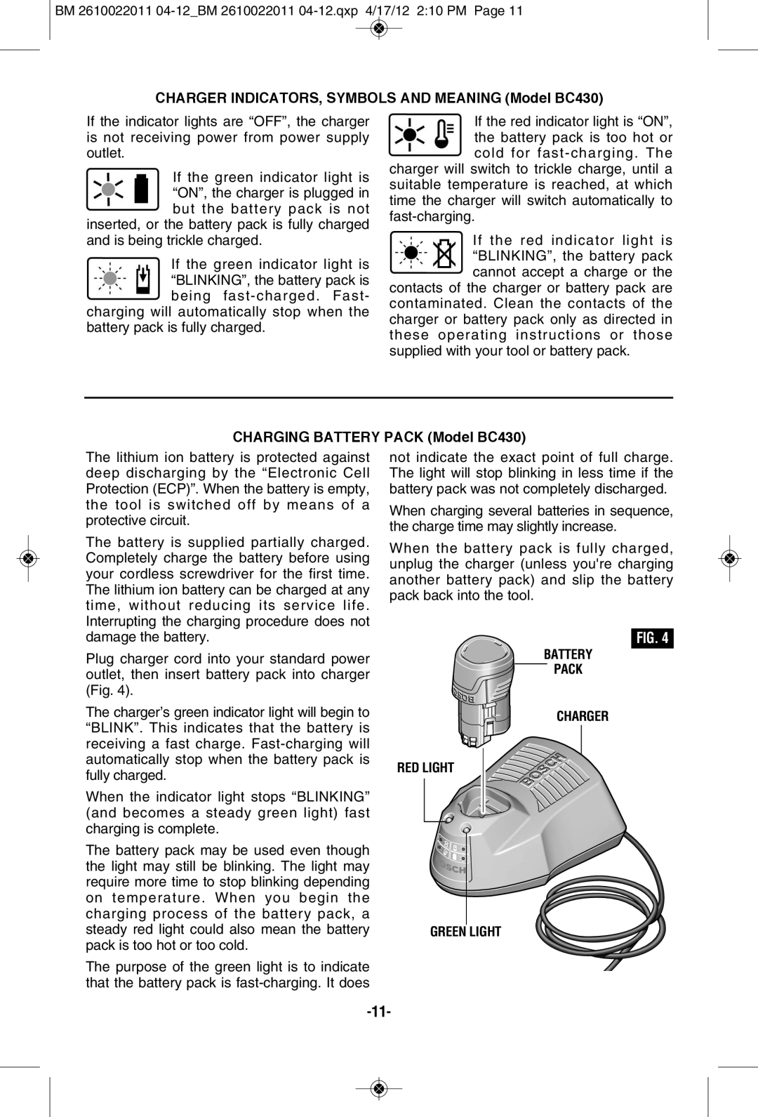 Bosch Power Tools PS60-102, PS60B Charger INDICATORS, Symbols and Meaning Model BC430, Charging Battery Pack Model BC430 