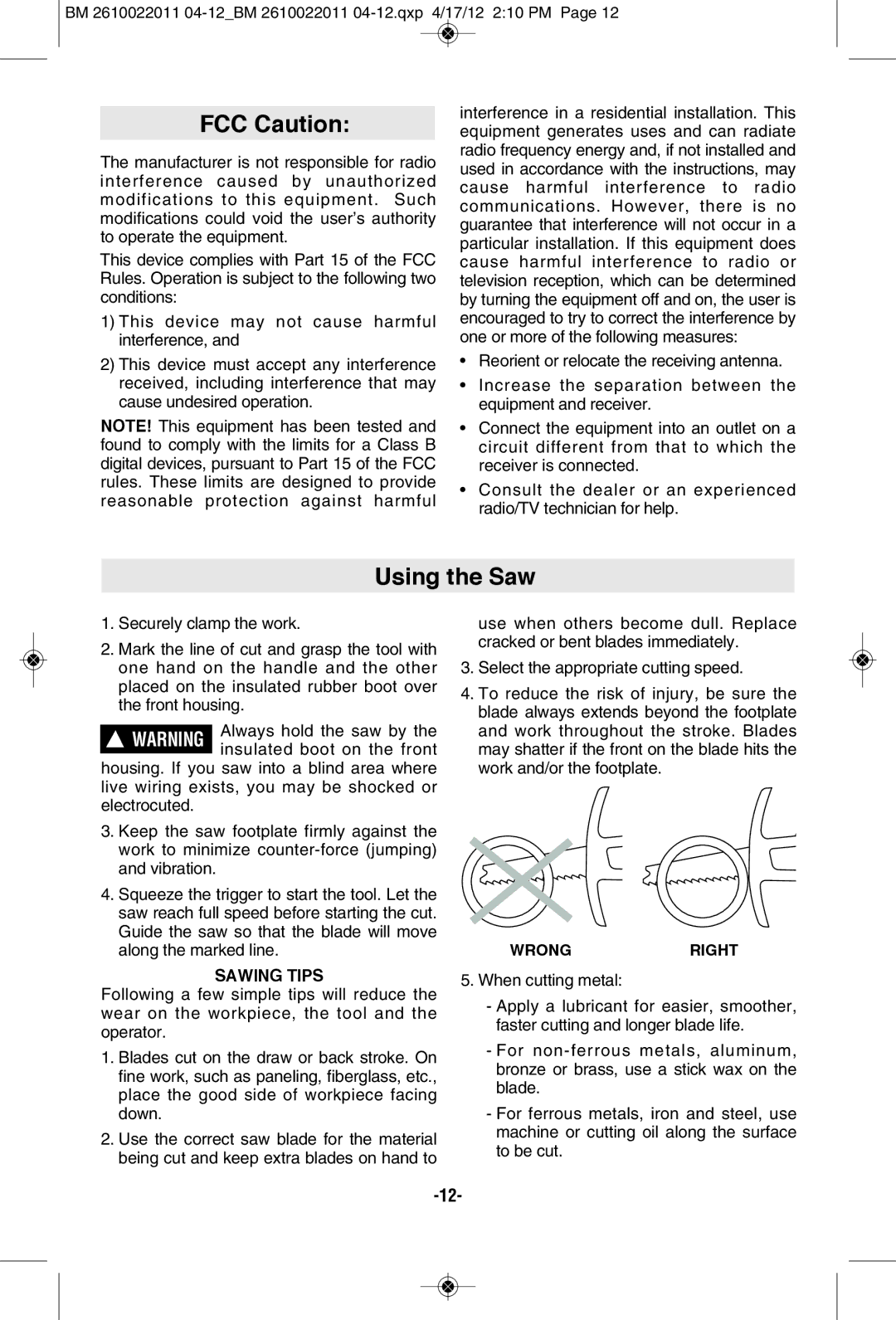 Bosch Power Tools PS60BN, PS60-102 manual FCC Caution, Using the Saw, Sawing Tips, Wrongright 
