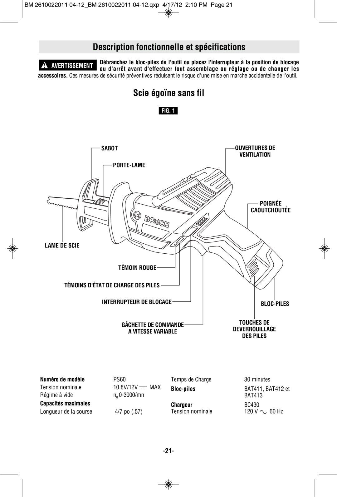 Bosch Power Tools PS60B Description fonctionnelle et spécifications, Scie égoïne sans fil, Sabot PORTE-LAME Lame DE Scie 