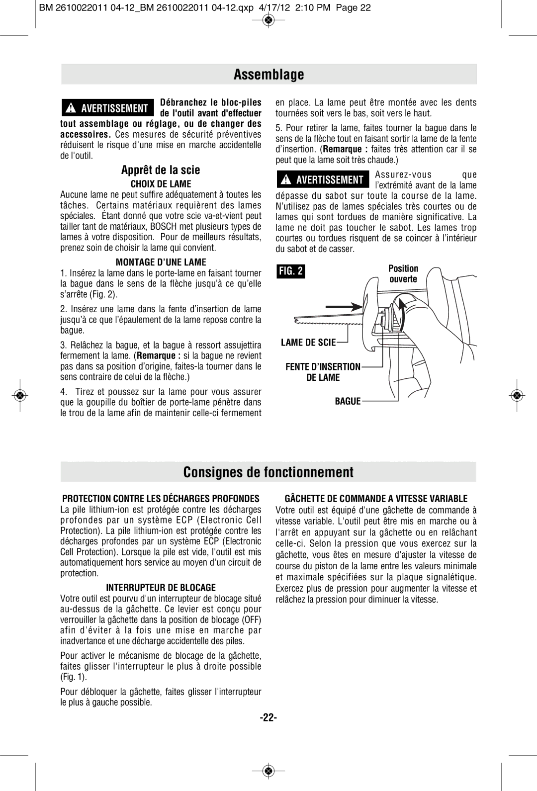 Bosch Power Tools PS60BN, PS60-102 manual Assemblage, Consignes de fonctionnement, Apprêt de la scie 