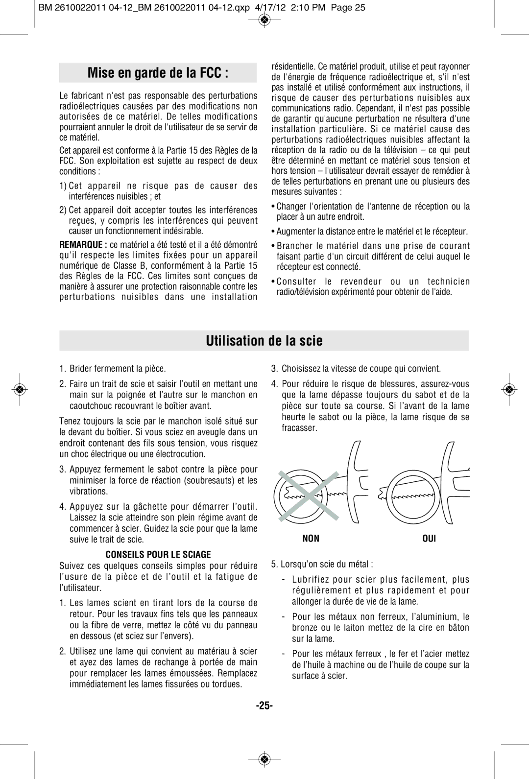 Bosch Power Tools PS60BN, PS60-102 manual Mise en garde de la FCC, Utilisation de la scie, Brider fermement la pièce, Nonoui 