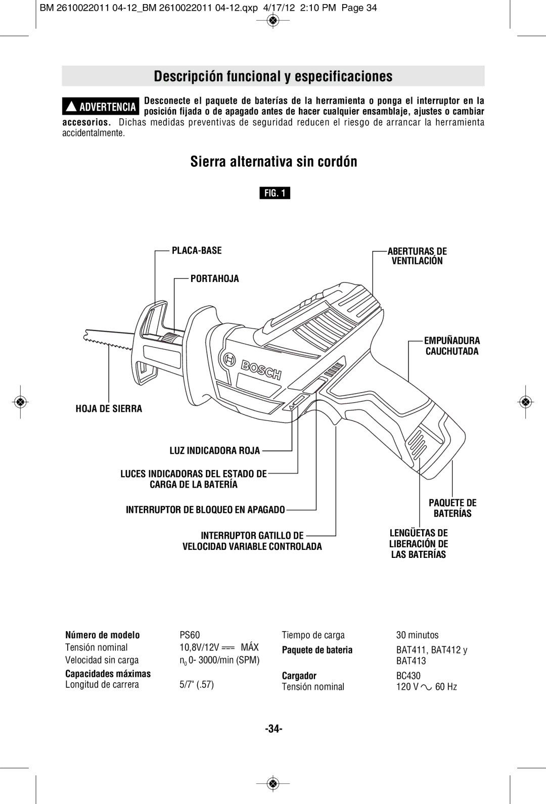 Bosch Power Tools PS60BN, PS60-102 Descripción funcional y especificaciones, Sierra alternativa sin cordón, Hoja DE Sierra 