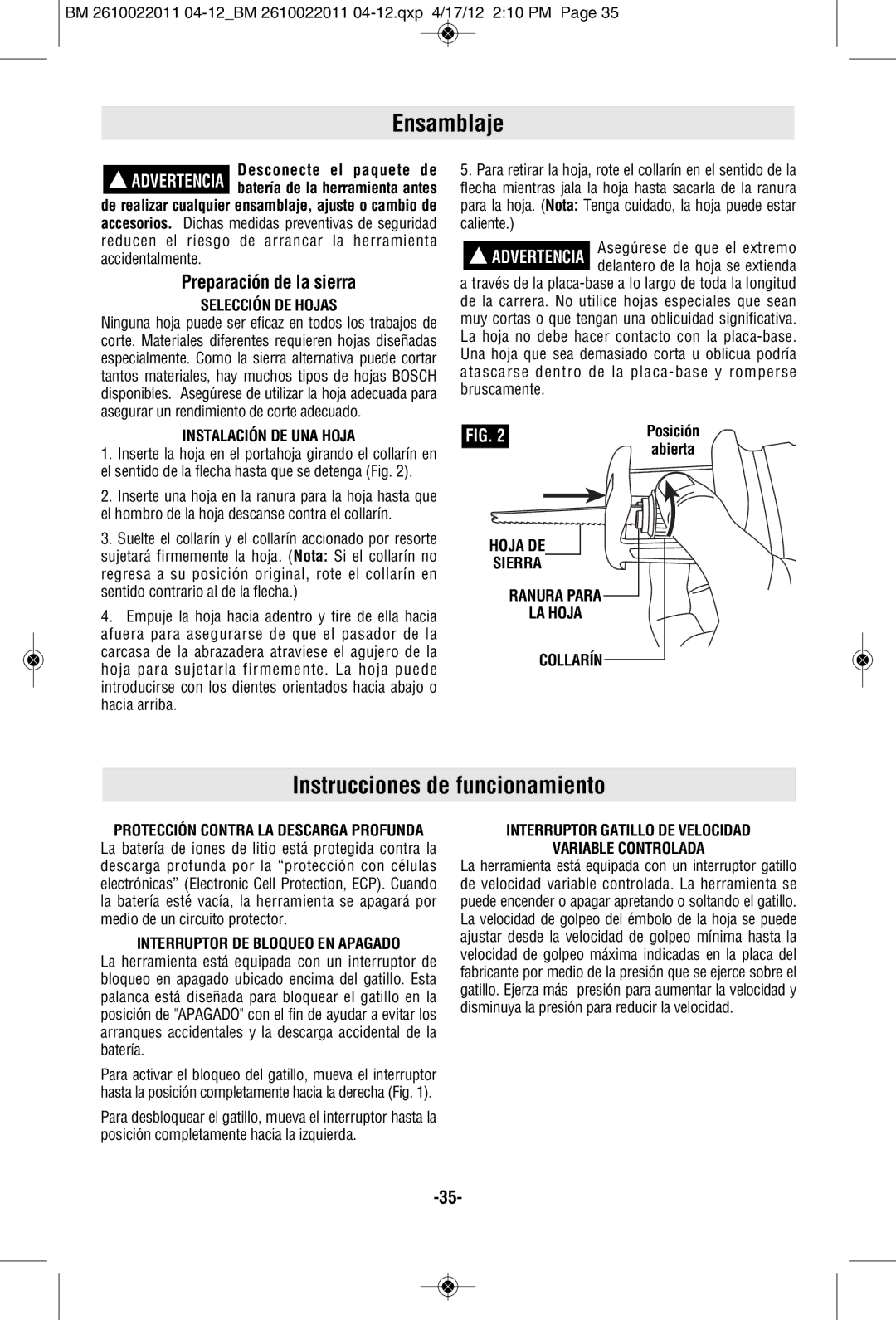 Bosch Power Tools PS60-102, PS60BN manual Ensamblaje, Instrucciones de funcionamiento, Preparación de la sierra 