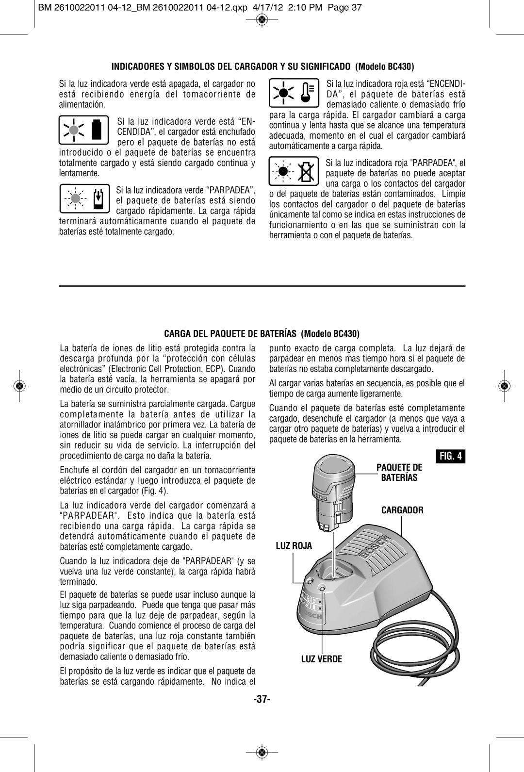 Bosch Power Tools PS60BN manual Carga DEL Paquete DE Baterías Modelo BC430, Paquete DE Baterías Cargador LUZ Roja LUZ Verde 