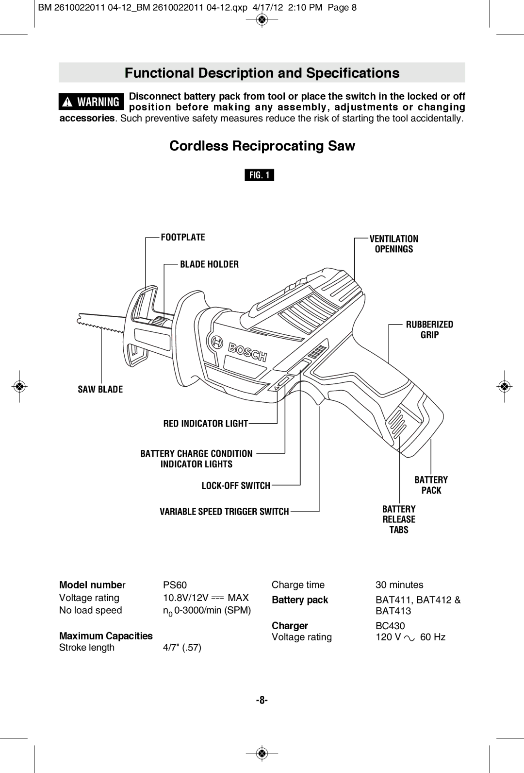 Bosch Power Tools PS60-102, PS60BN manual Functional Description and Specifications, Cordless Reciprocating Saw 