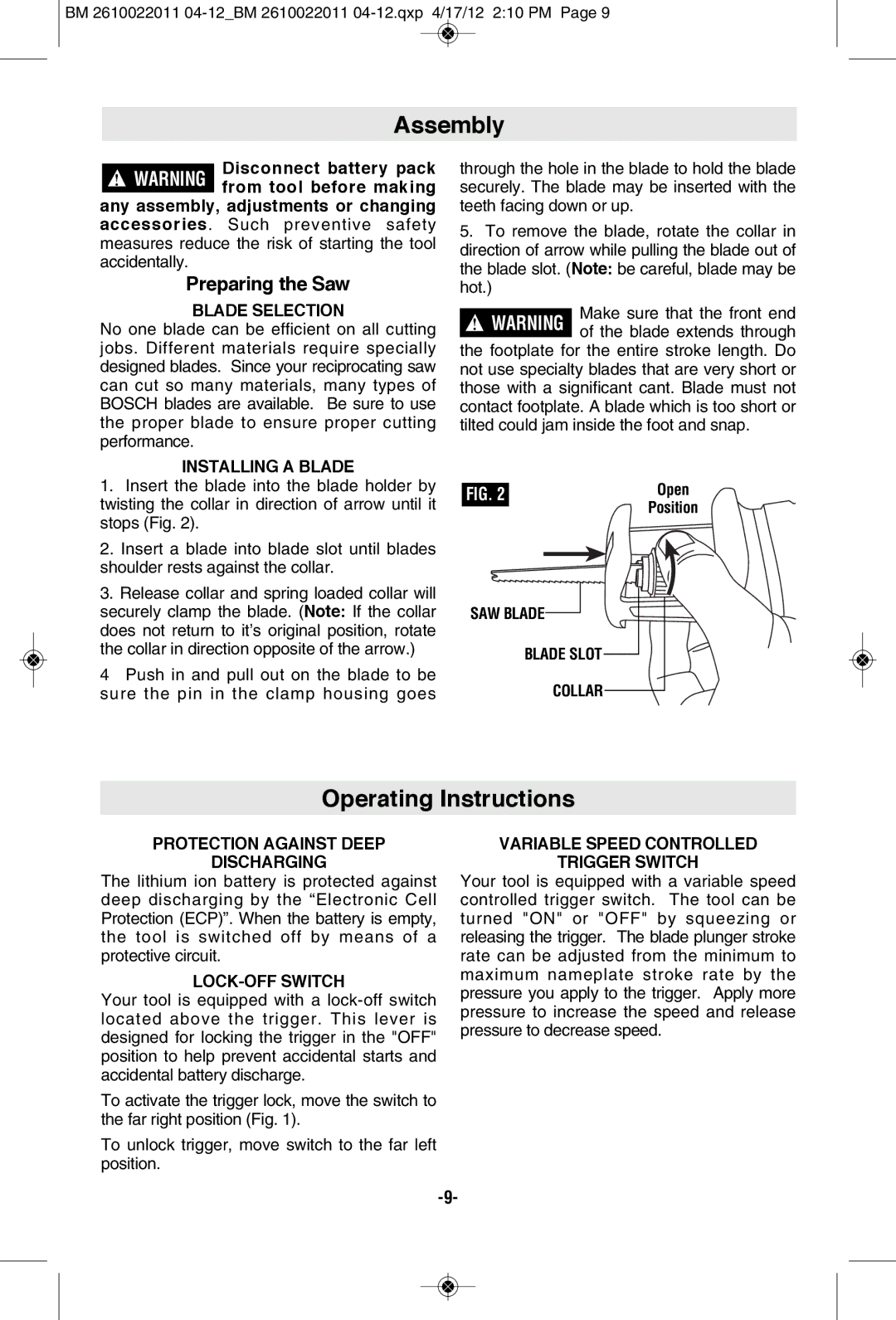 Bosch Power Tools PS60BN, PS60-102 manual Assembly, Operating Instructions, Preparing the Saw 