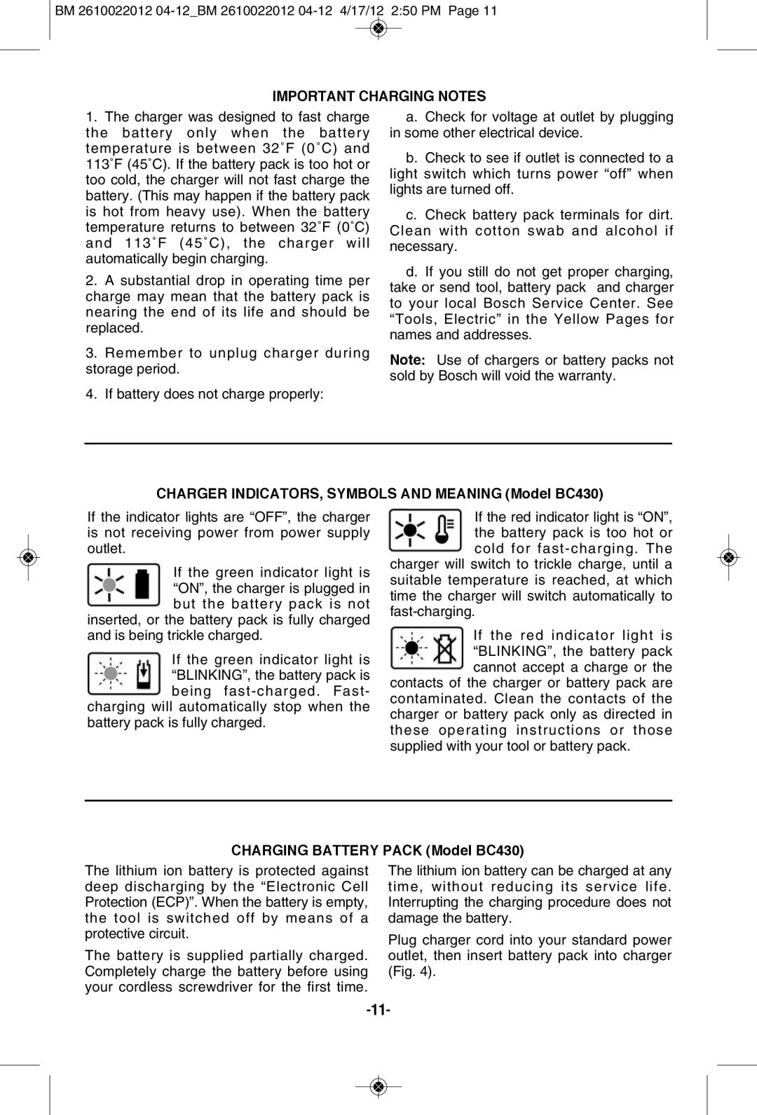 Bosch Power Tools PS70B, PS70-2A manual Important Charging Notes, Charger INDICATORS, Symbols and Meaning Model BC430 