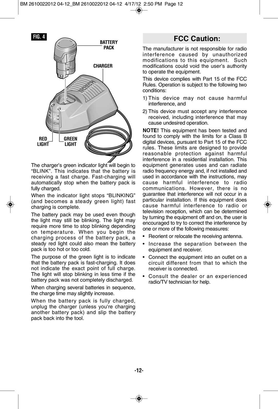 Bosch Power Tools PS70-2A, PS70B manual FCC Caution, Battery Pack Charger RED Green Light Light 