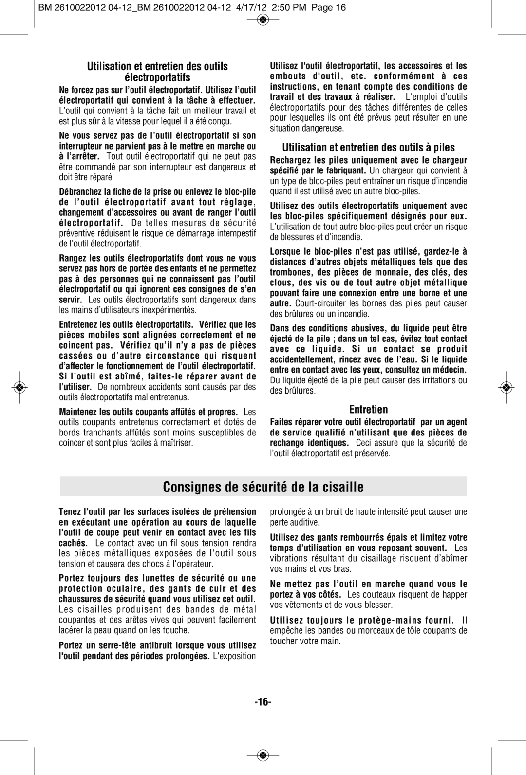 Bosch Power Tools PS70-2A manual Consignes de sécurité de la cisaille, Utilisation et entretien des outils Électroportatifs 