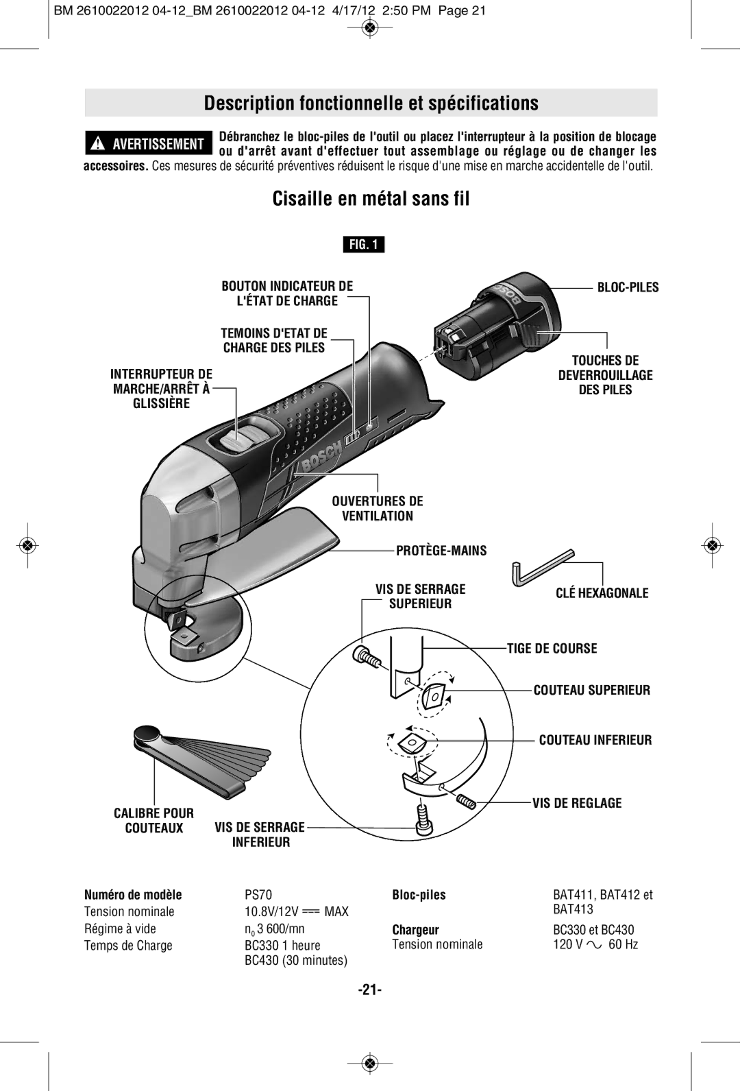 Bosch Power Tools PS70B Description fonctionnelle et spécifications, Cisaille en métal sans fil, Bouton Indicateur DE 