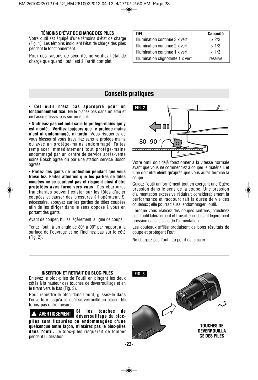 Bosch Power Tools PS70B Conseils pratiques, Témoins Détat DE Charge DES Piles, Del, Insertion ET Retrait DU BLOC-PILES 