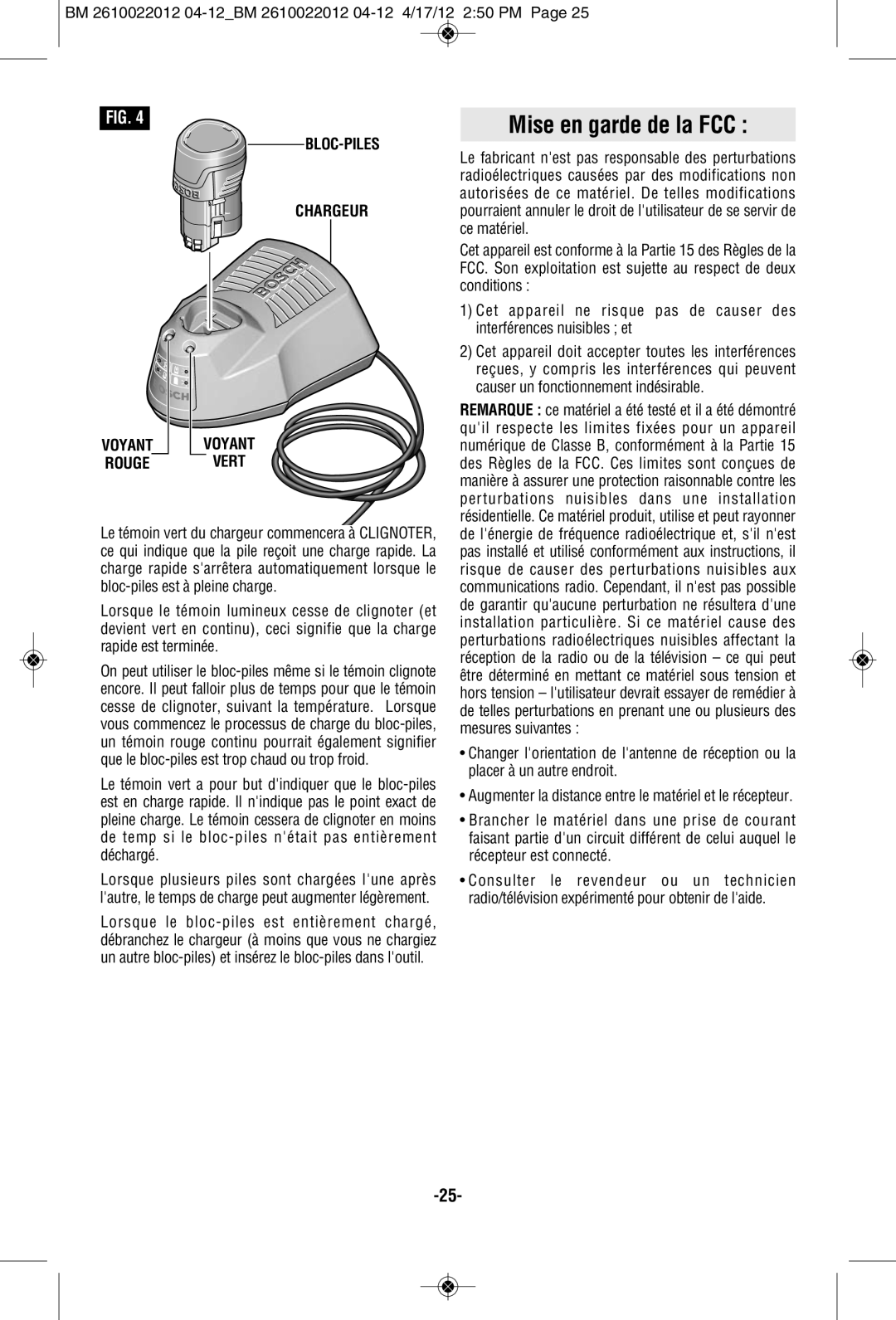 Bosch Power Tools PS70B, PS70-2A manual Mise en garde de la FCC, BLOC-PILES Chargeur, Vert 