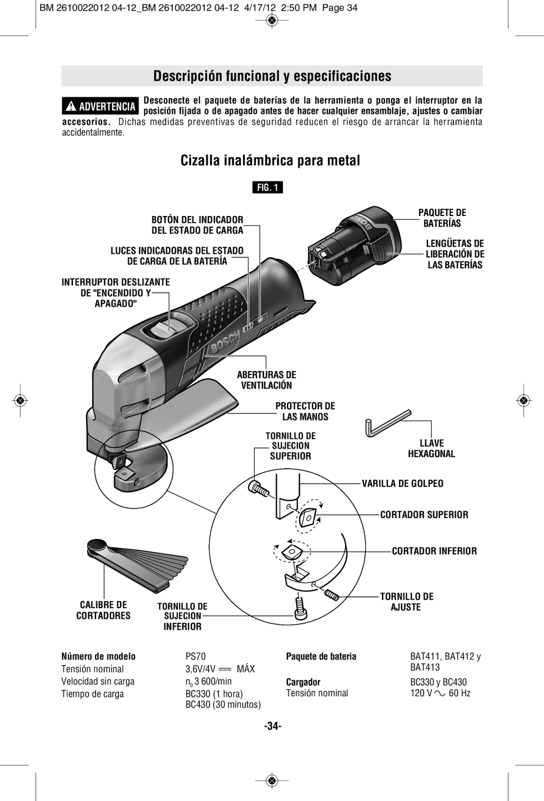 Bosch Power Tools PS70-2A, PS70B manual Descripción funcional y especificaciones, Cizalla inalámbrica para metal 