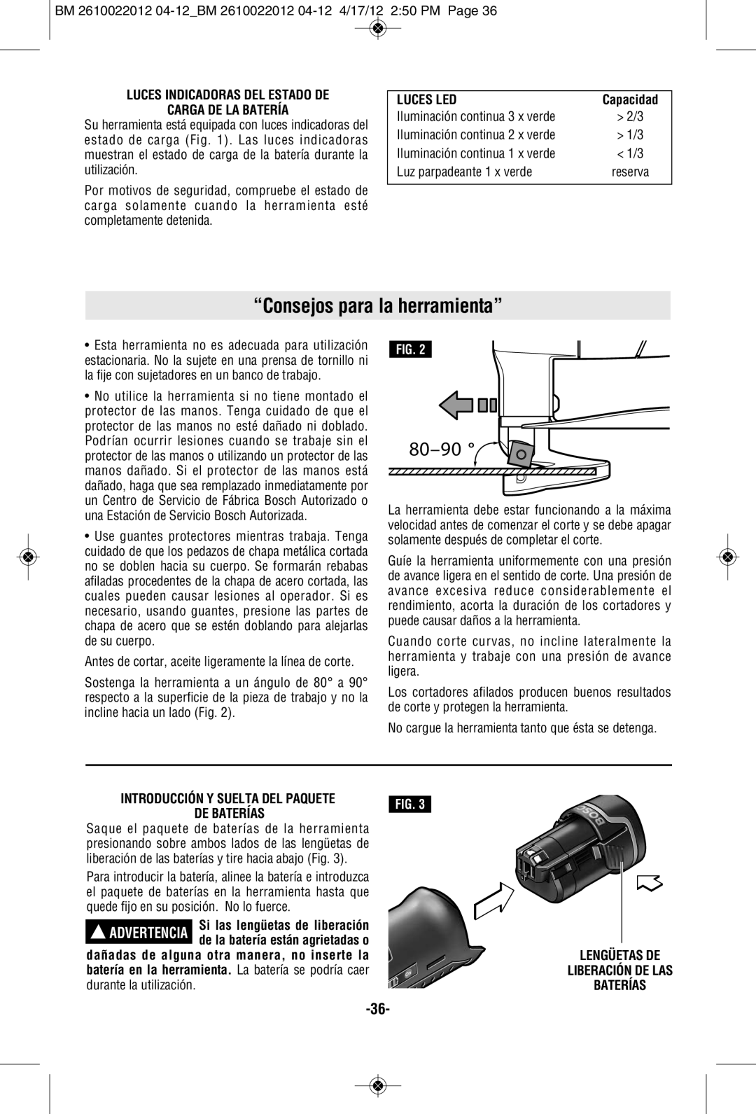 Bosch Power Tools PS70-2A Consejos para la herramienta, Luces Indicadoras DEL Estado DE Carga DE LA Batería, Luces LED 