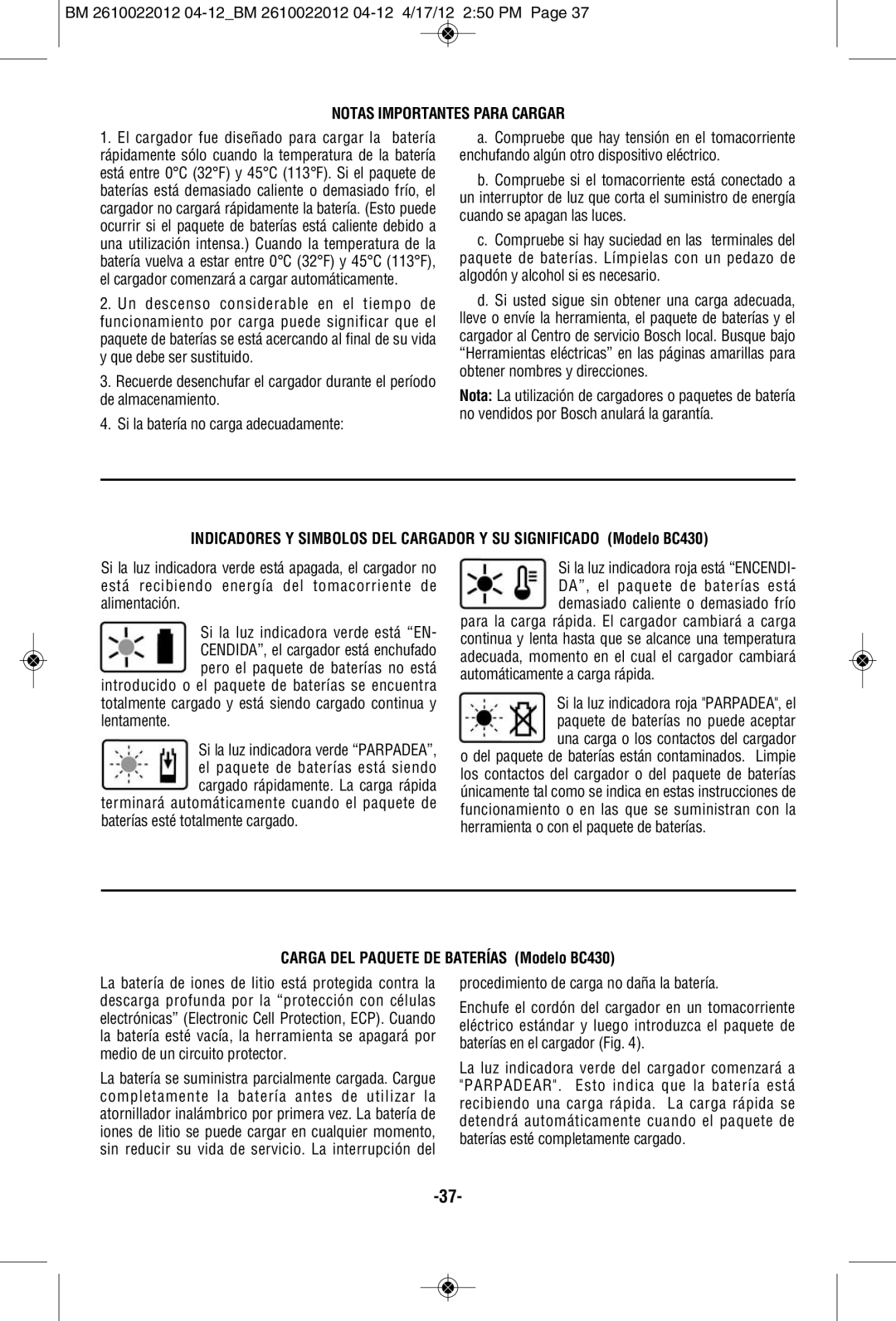 Bosch Power Tools PS70B, PS70-2A manual Notas Importantes Para Cargar, Carga DEL Paquete DE Baterías Modelo BC430 